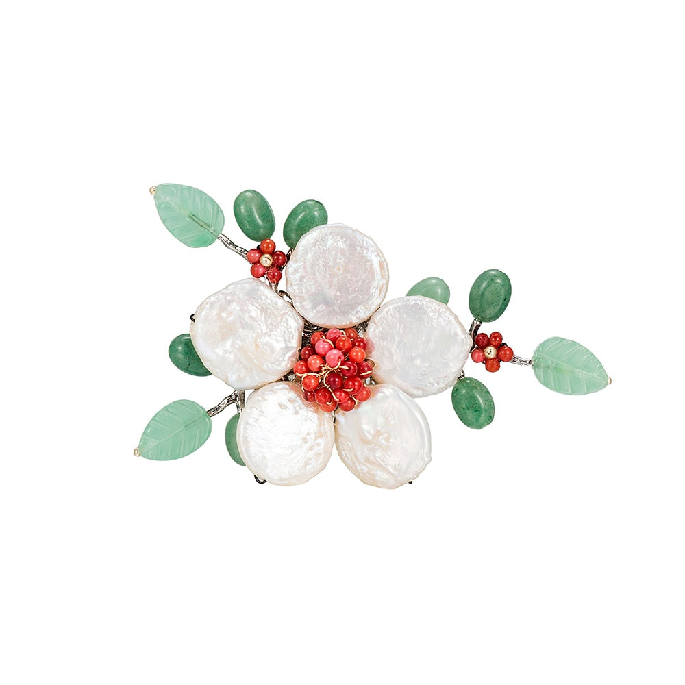 Floral Freshwater Pearl Brooch with Aventurin Leafs