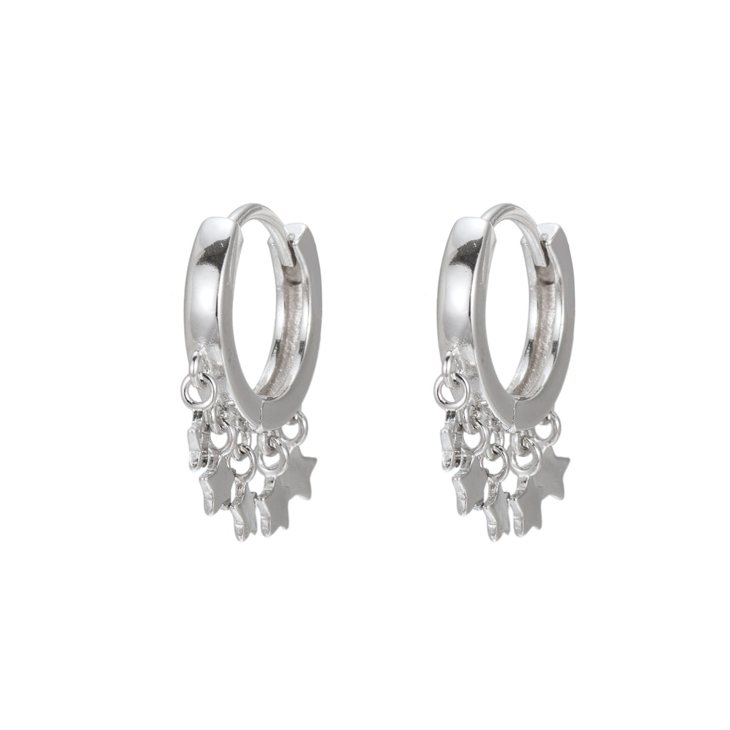 Dangly Five Star Sterling Silver Hoop Earrings