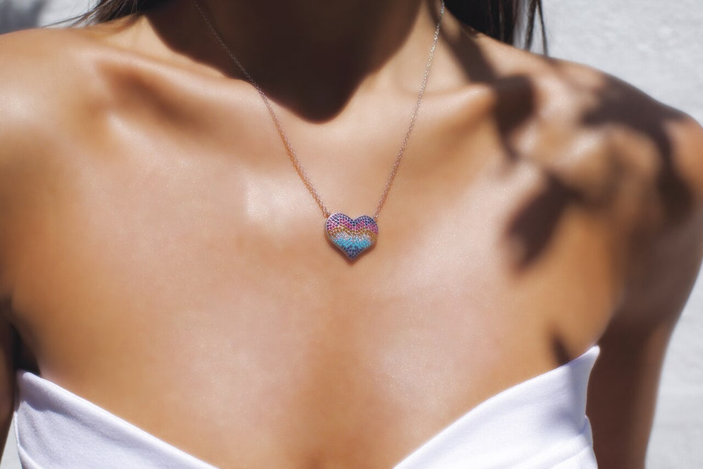 Rainbow CZ Heart Necklace in Sterling Silver