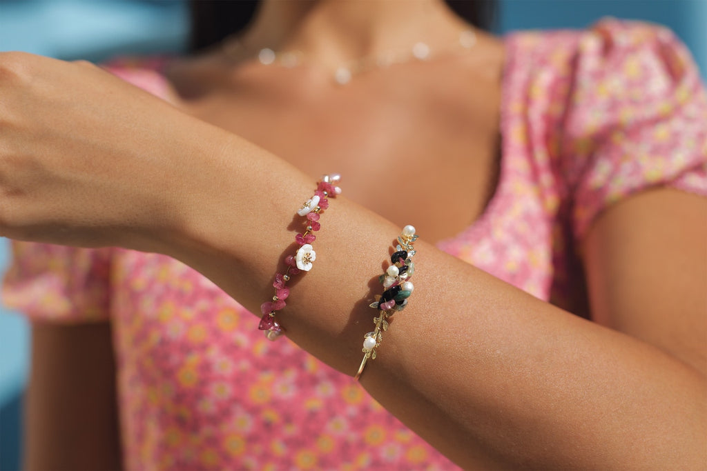 Ruby and Pearl Flower Bracelet