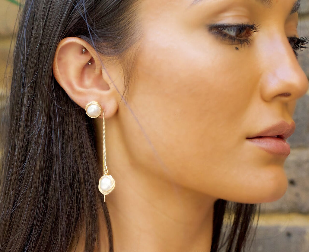 Gold Plated Single Pearl Chain Earrings 