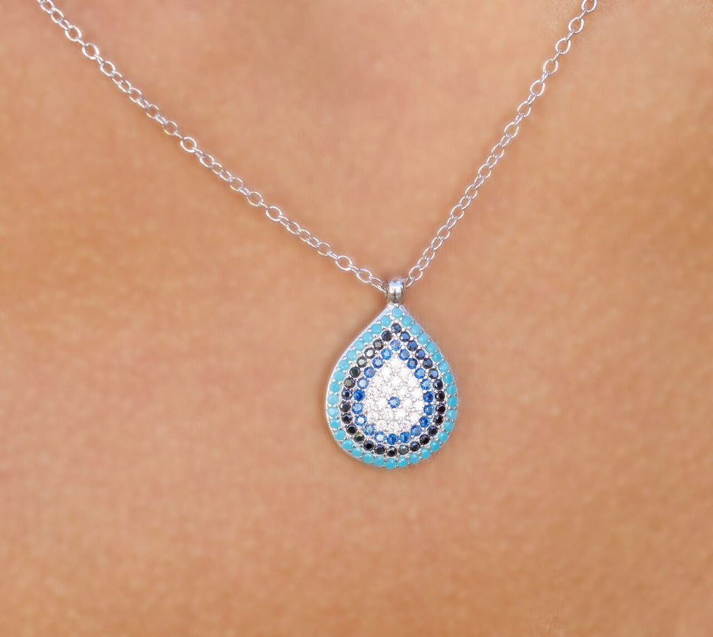 Silver Drop Evil Eye Necklace