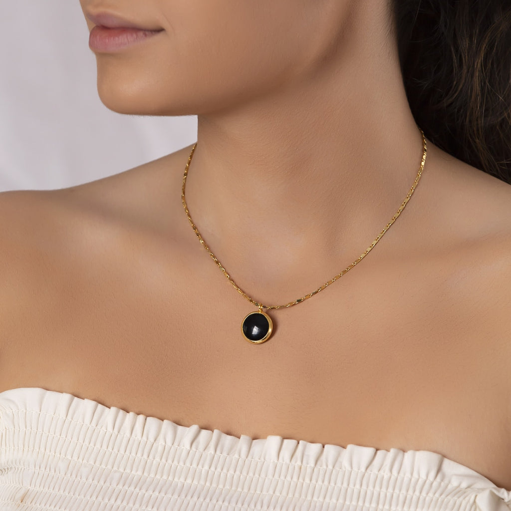 Gold Plated Round Black Onyx Necklace