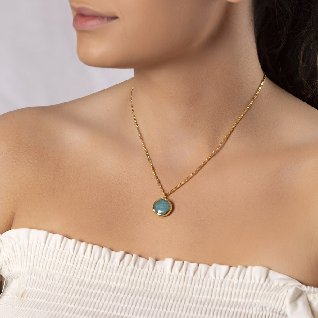 Gold Plated Round Aqua Topaz Necklace