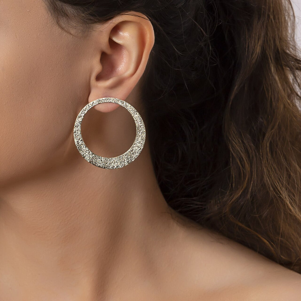 Gold Plated Textured Large Circle Earrings