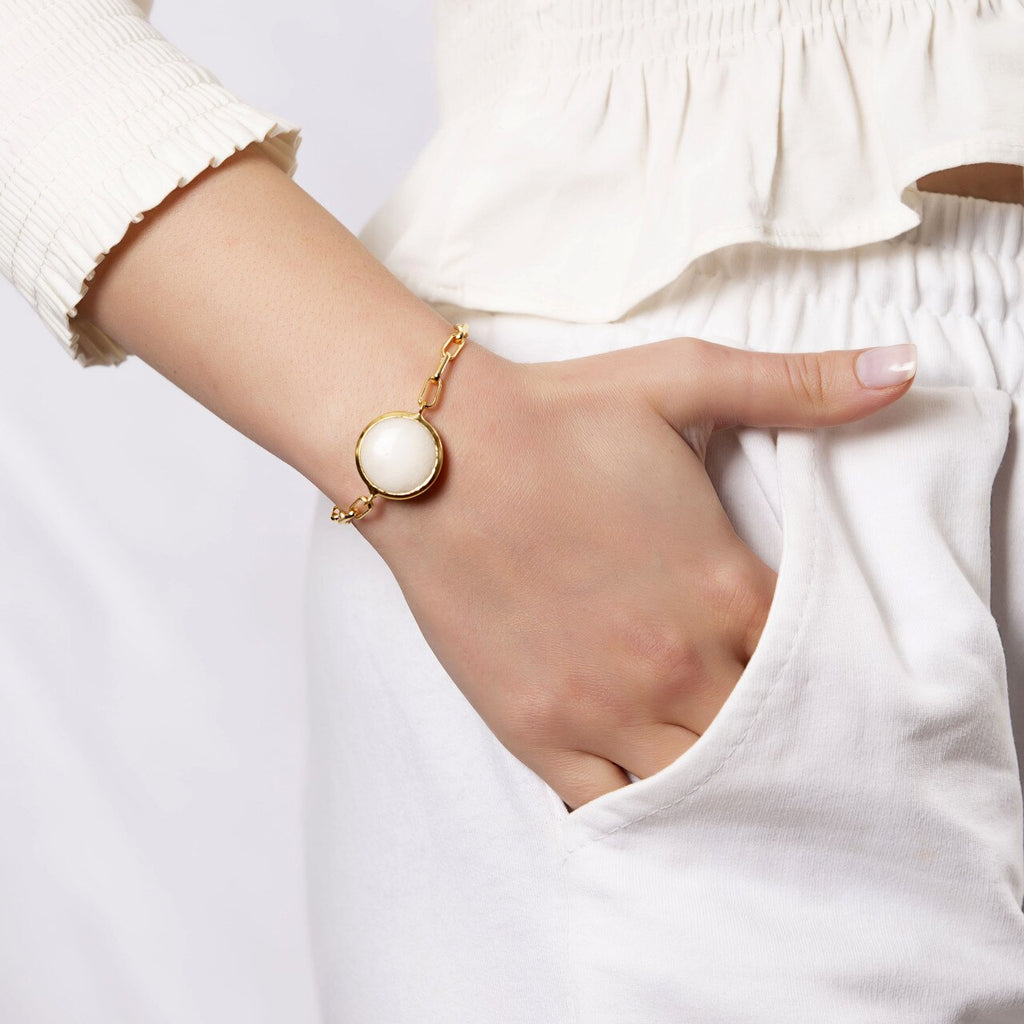 Gold Plated Round White Agate Bracelet 