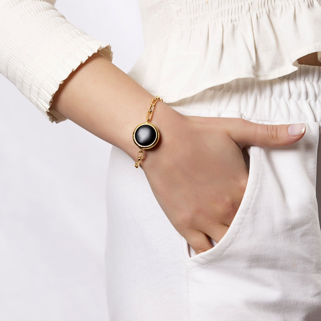 Gold Plated Round Black Onyx Bracelet