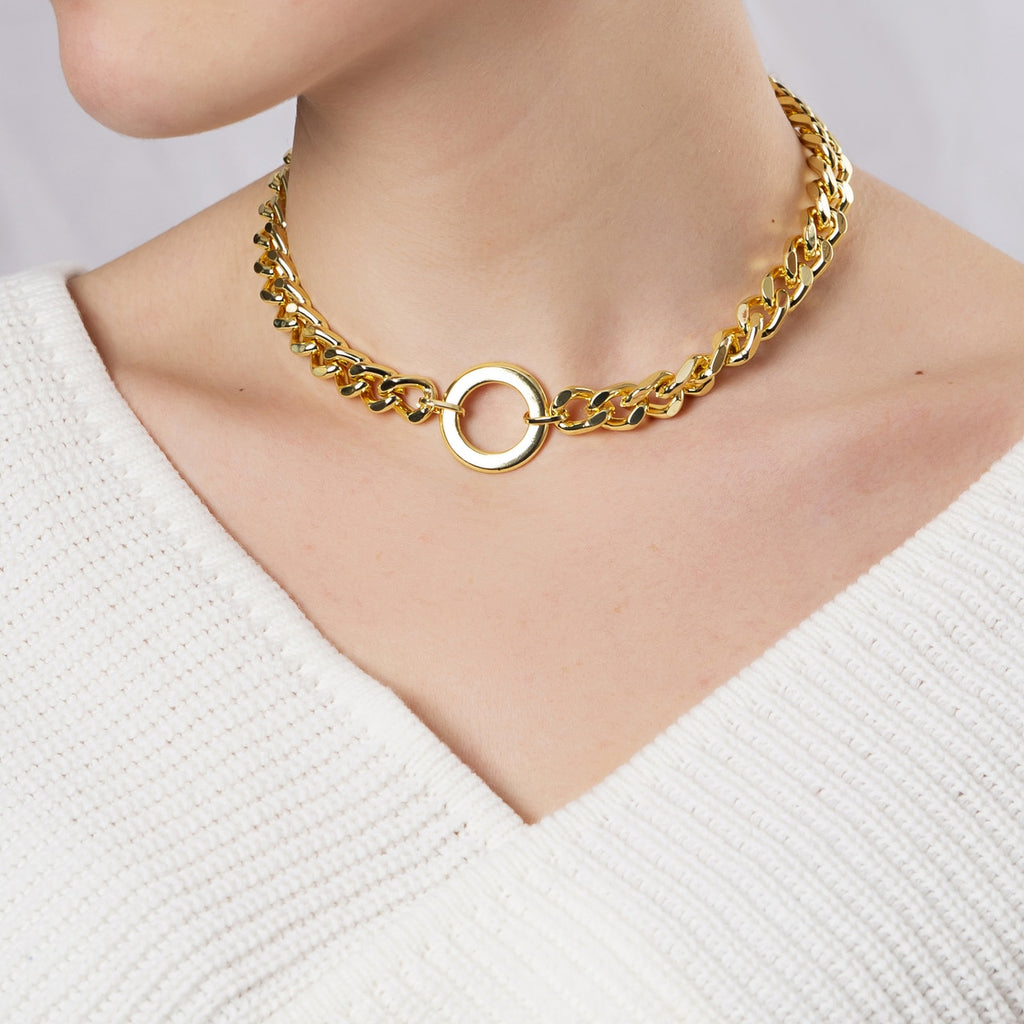 Gold Plated Classic Curb Chain Necklace with Circle Charm