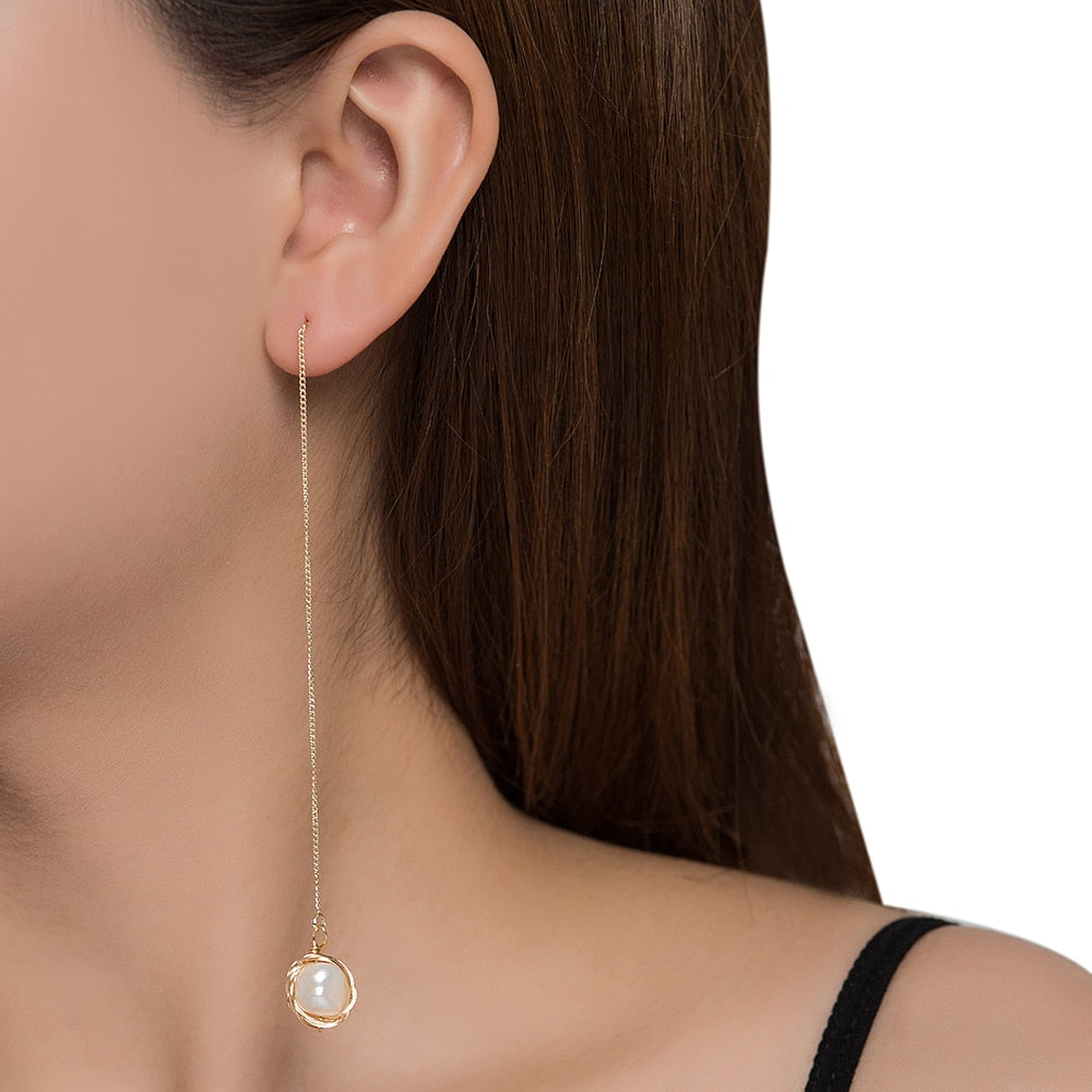 Gold Plated Single Pearl Chain Earrings 