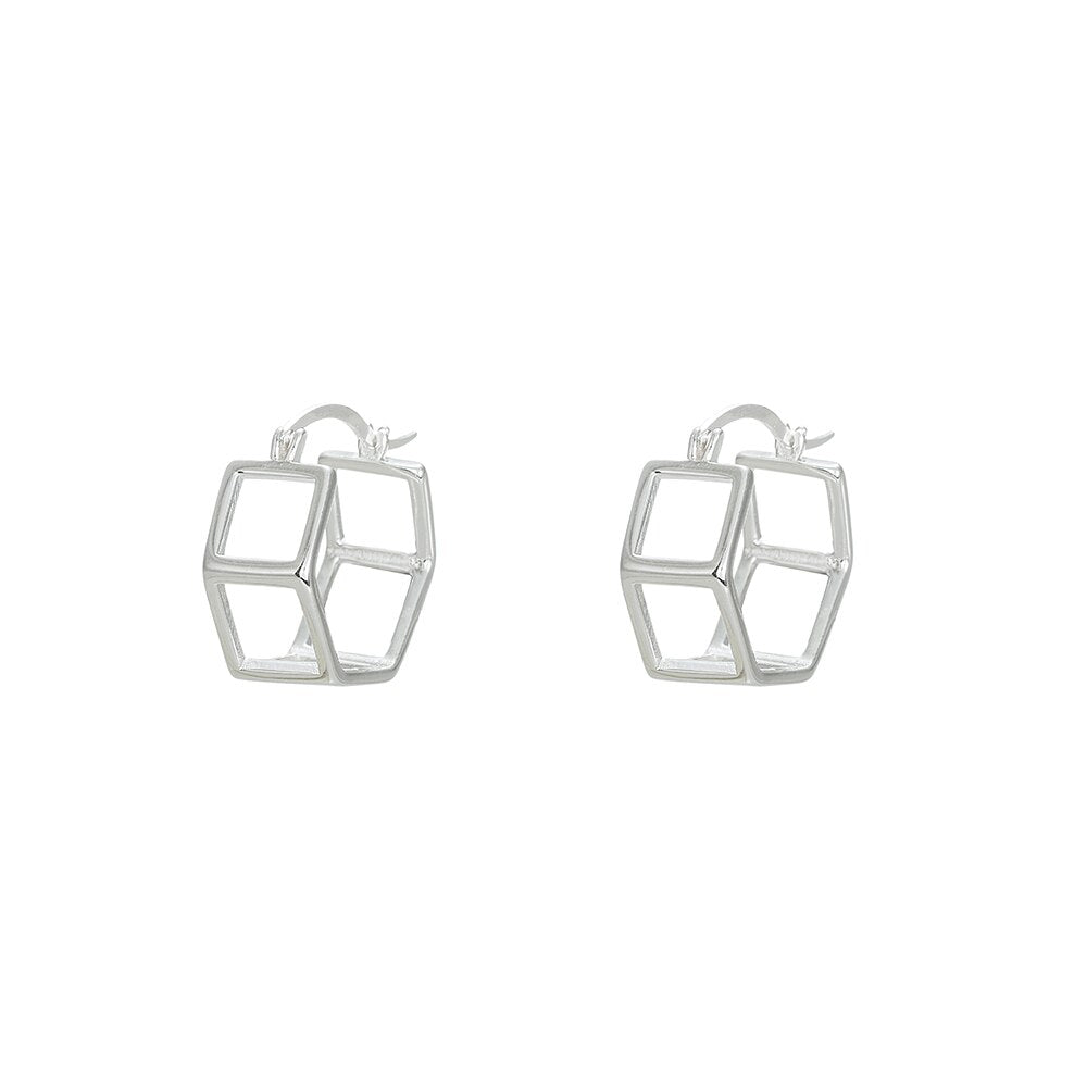 Silver Two Dimention Pentagon Hoop Earrings
