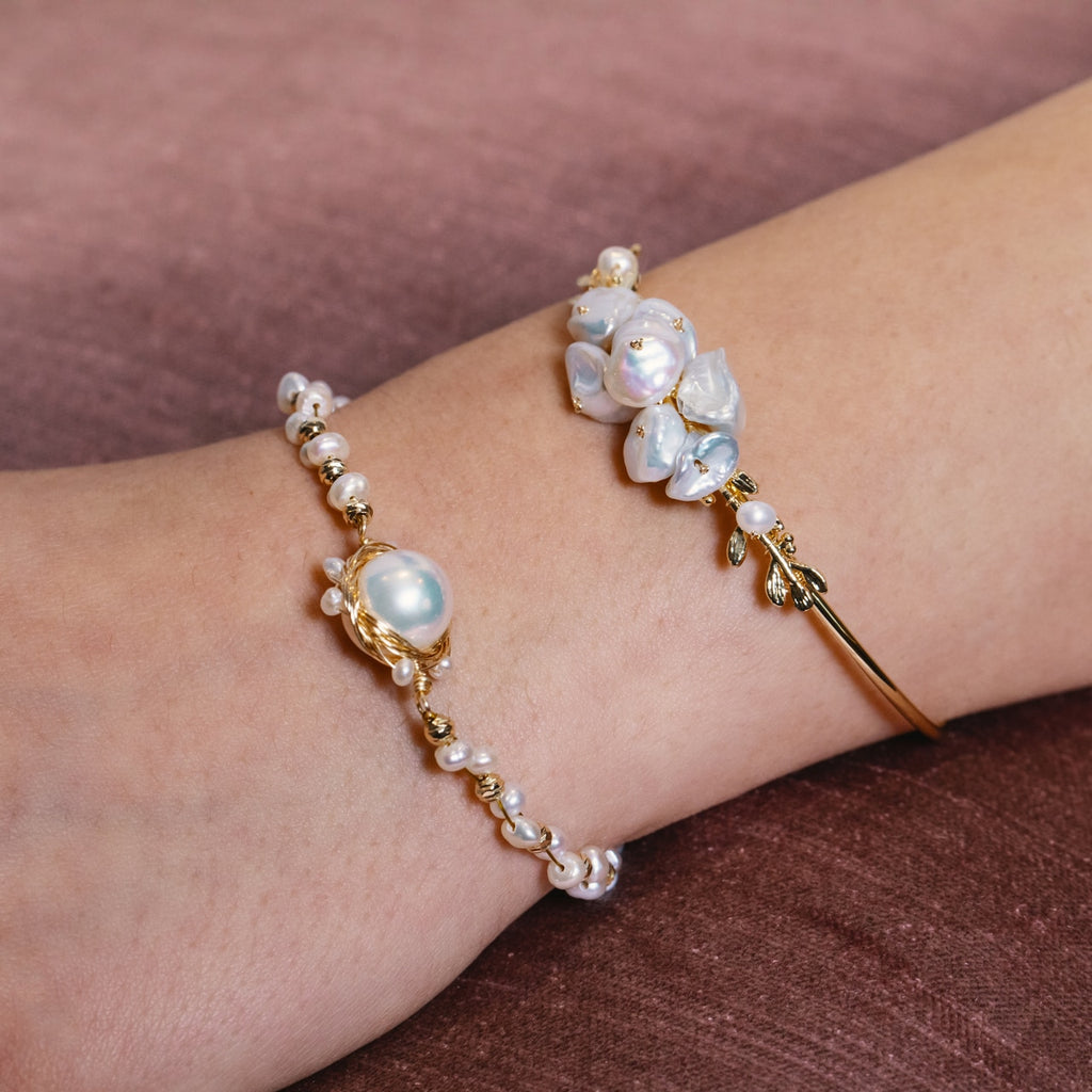 Gold Plated Bouquet of Freshwater Pearl Bangle Bracelet