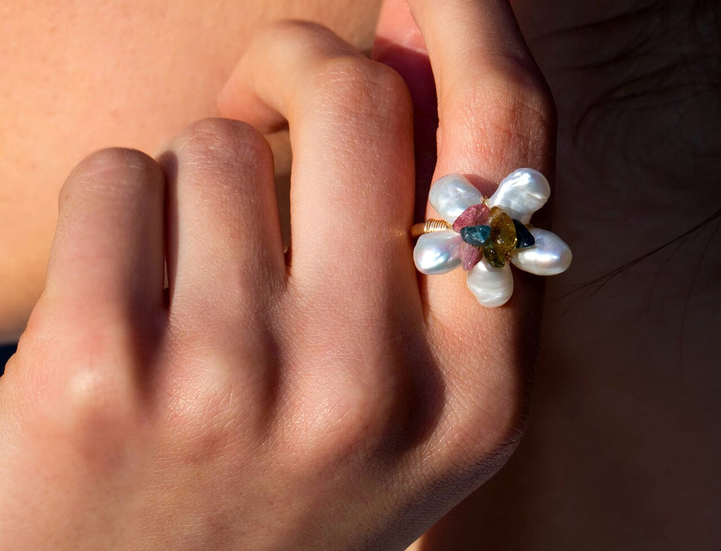 Flower Shaped Fresh Water Pearl Gold Plated Ring - Gold Ring