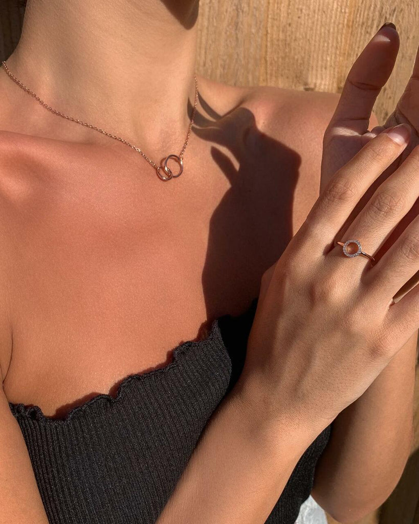 Rose Gold Double Circle Sterling Silver Necklace - Silver Necklace