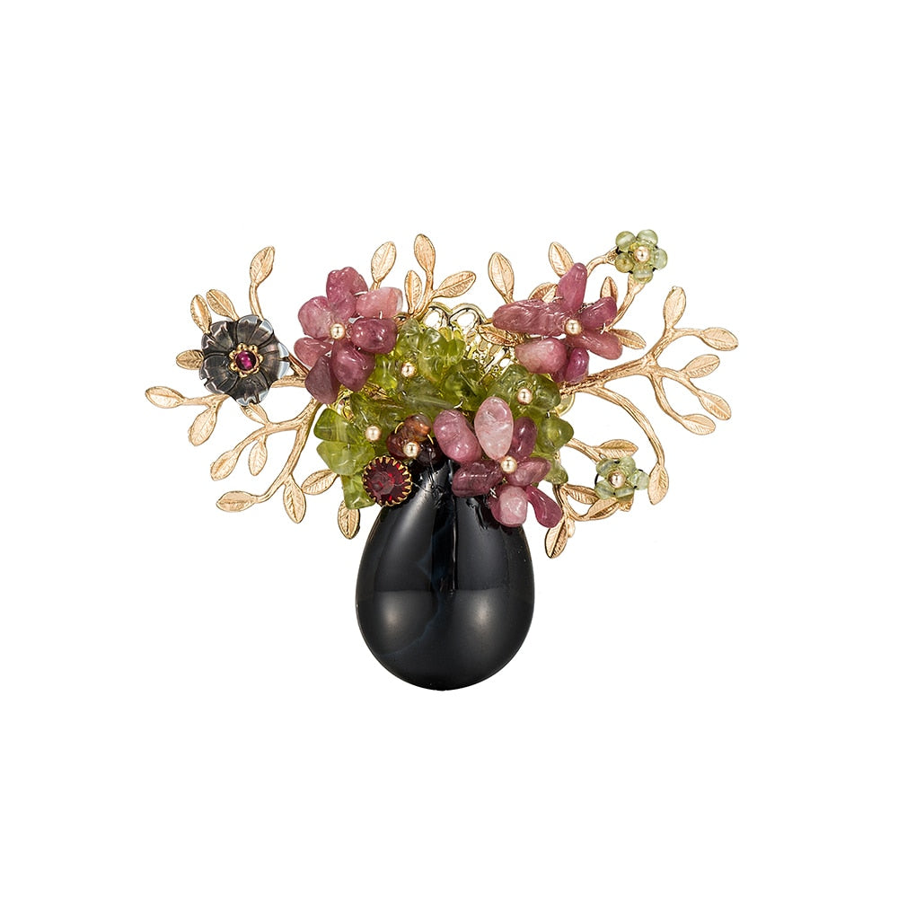 Black Onyx Drop Brooch with Pearls and Rubies
