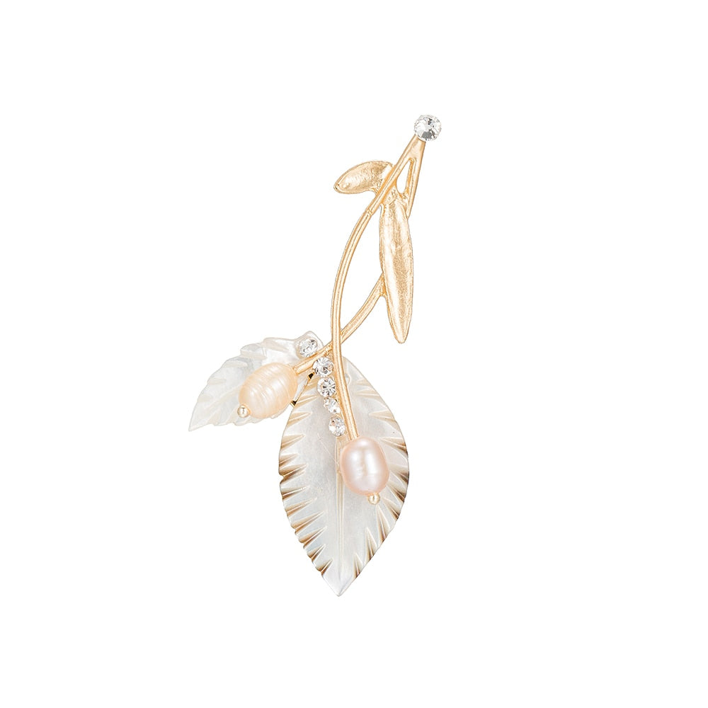 Gold Plated Double Pearl Leaf Brooch