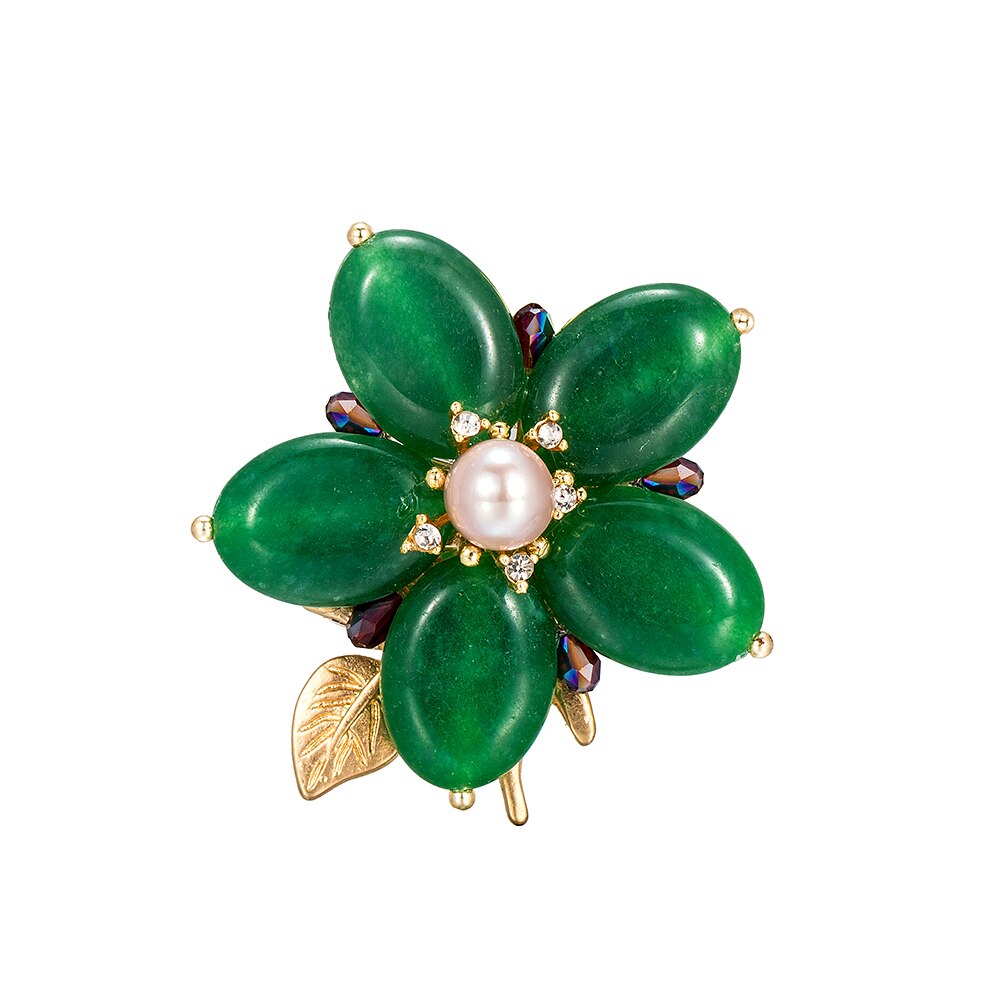Emerald Flower with Single Stone Pearl Brooch

