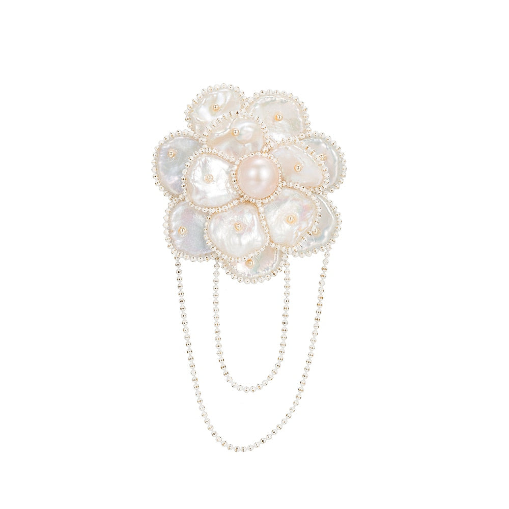 Pink and White Flat Round Freshwater Pearl Flower Brooch
