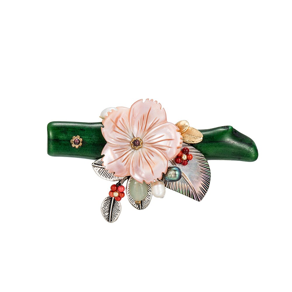 Green Coral and Shell Flower Brooch
