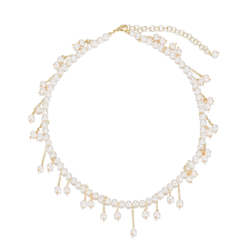 Gold Plated Beaded Pearl Dangly Necklace