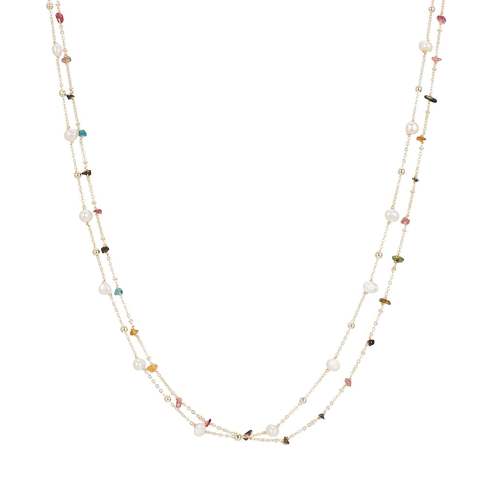 Gold Plated Bunch of Pearl and Tourmaline Necklace