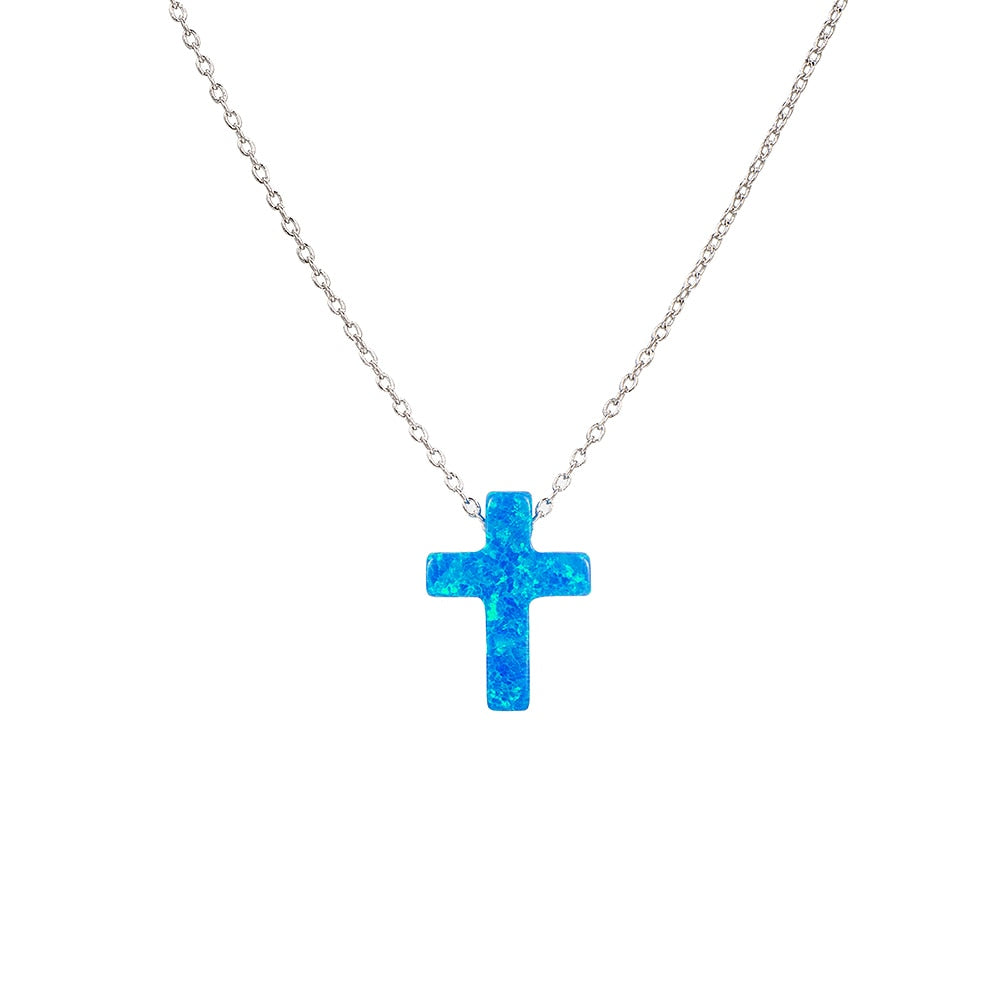 Sterling Silver Cross Opal Necklace
