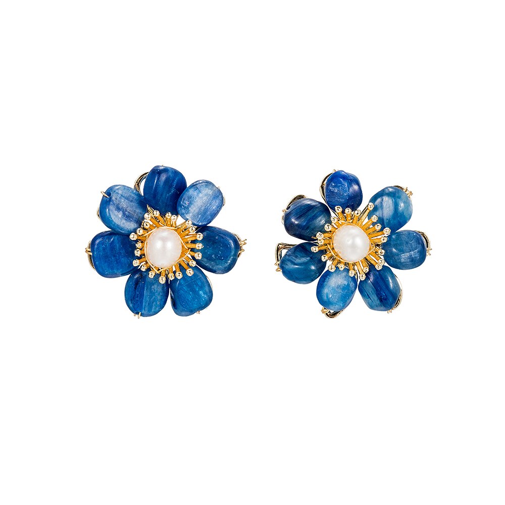 Flower Kyanite and Pearl Stud Earrings
