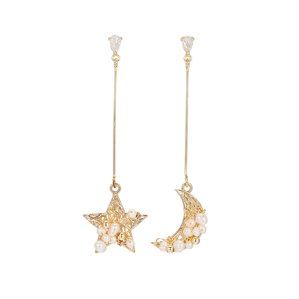 Gold Plated Pearl Moon and Star Drop Earrings