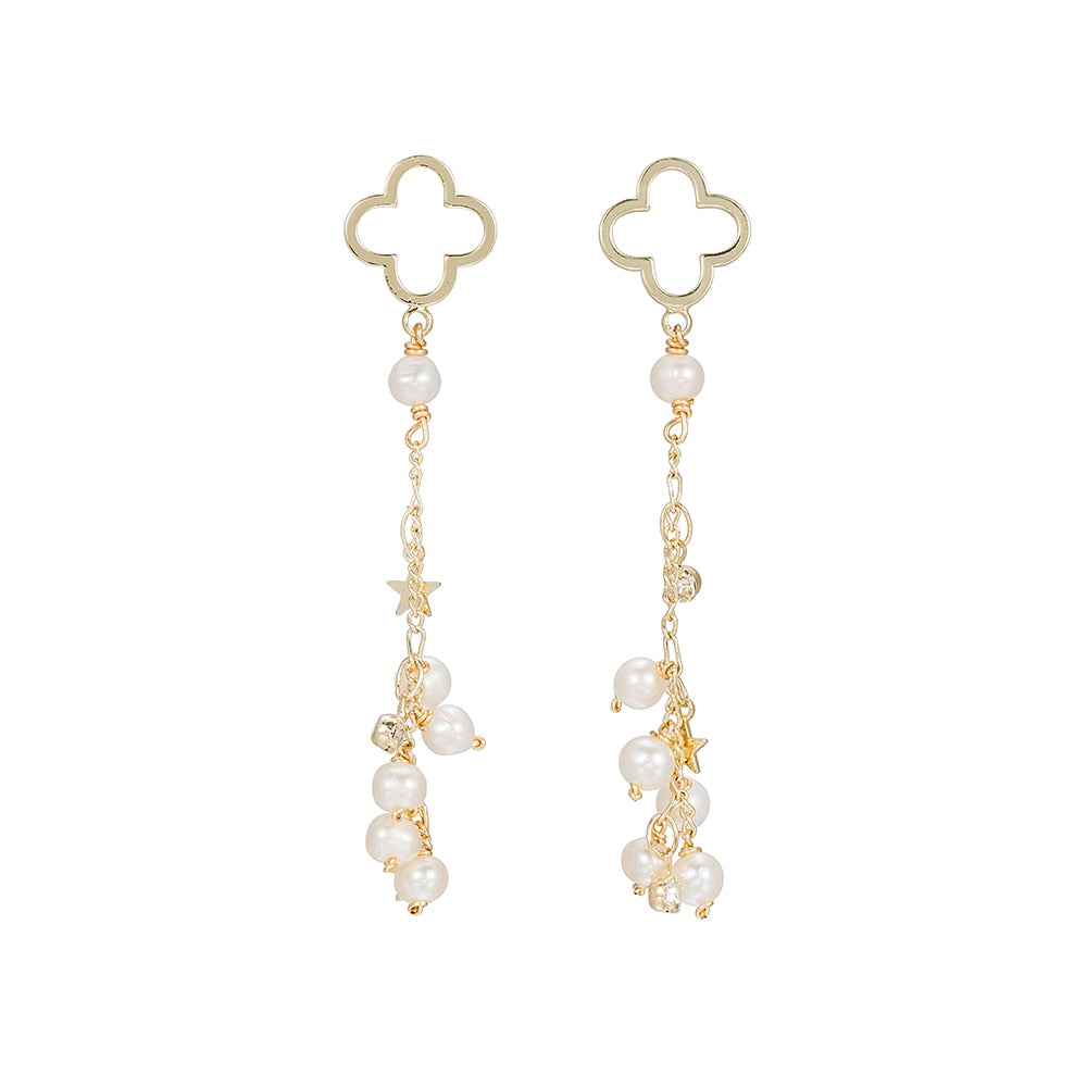 Gold Plated Clover with Drop Pearl and Stars Earrings