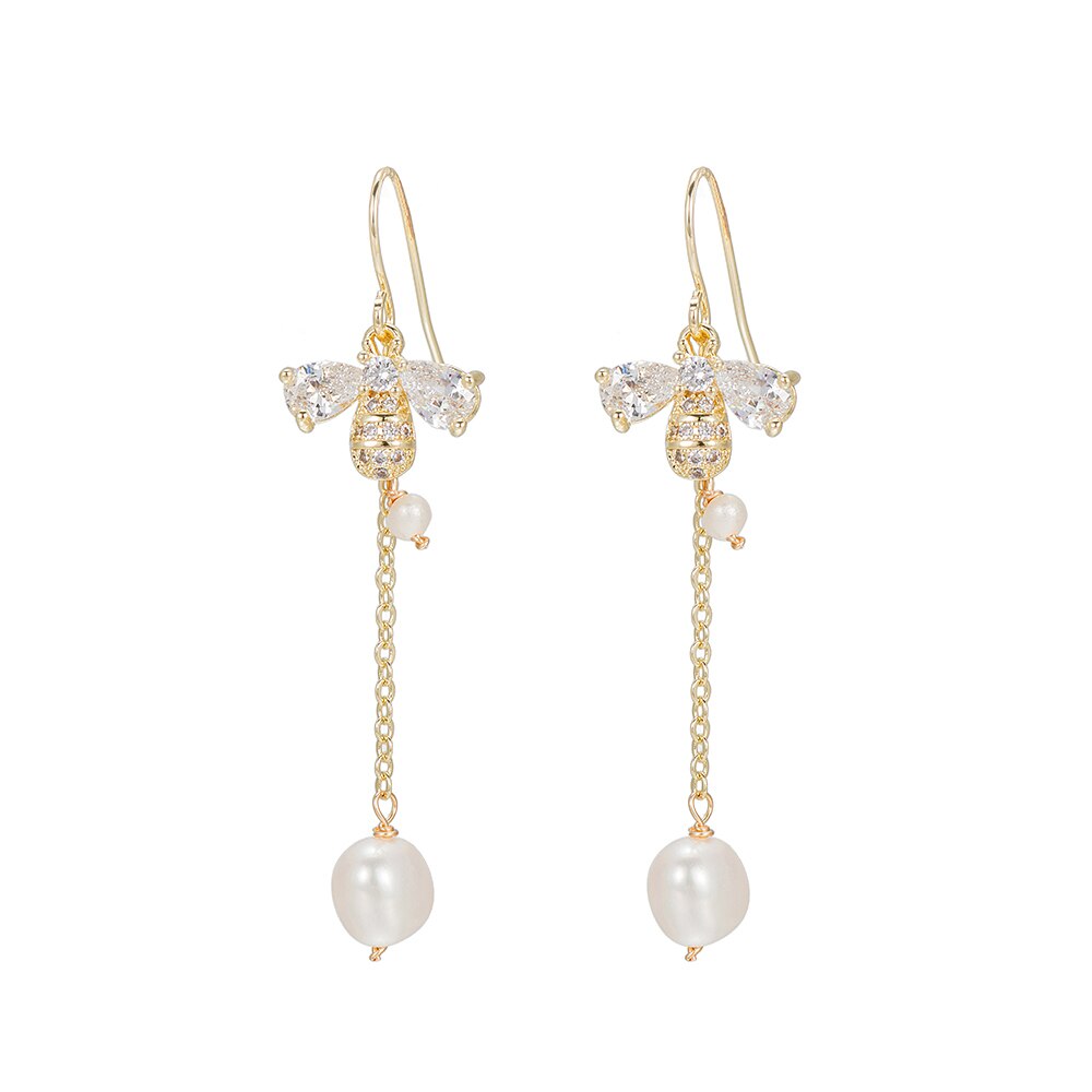 Gold Plated Dangly Pearl Earrings
