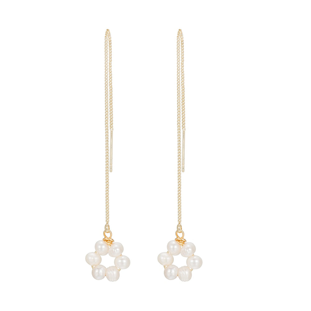 Gold Plated Beaded Pearl Chain Earrings