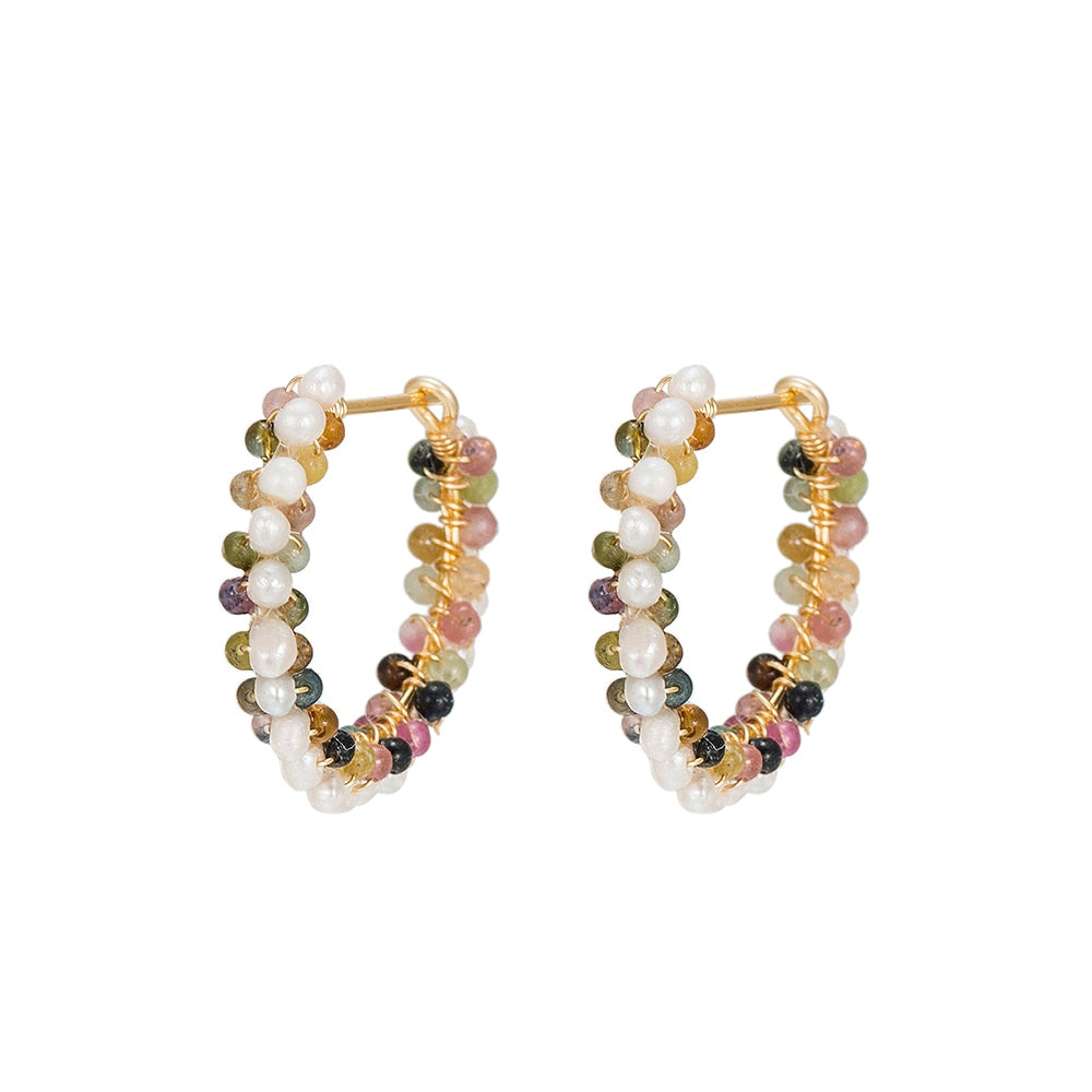 Gold Plated Pearl and Tourmaline Hoop Earrings
