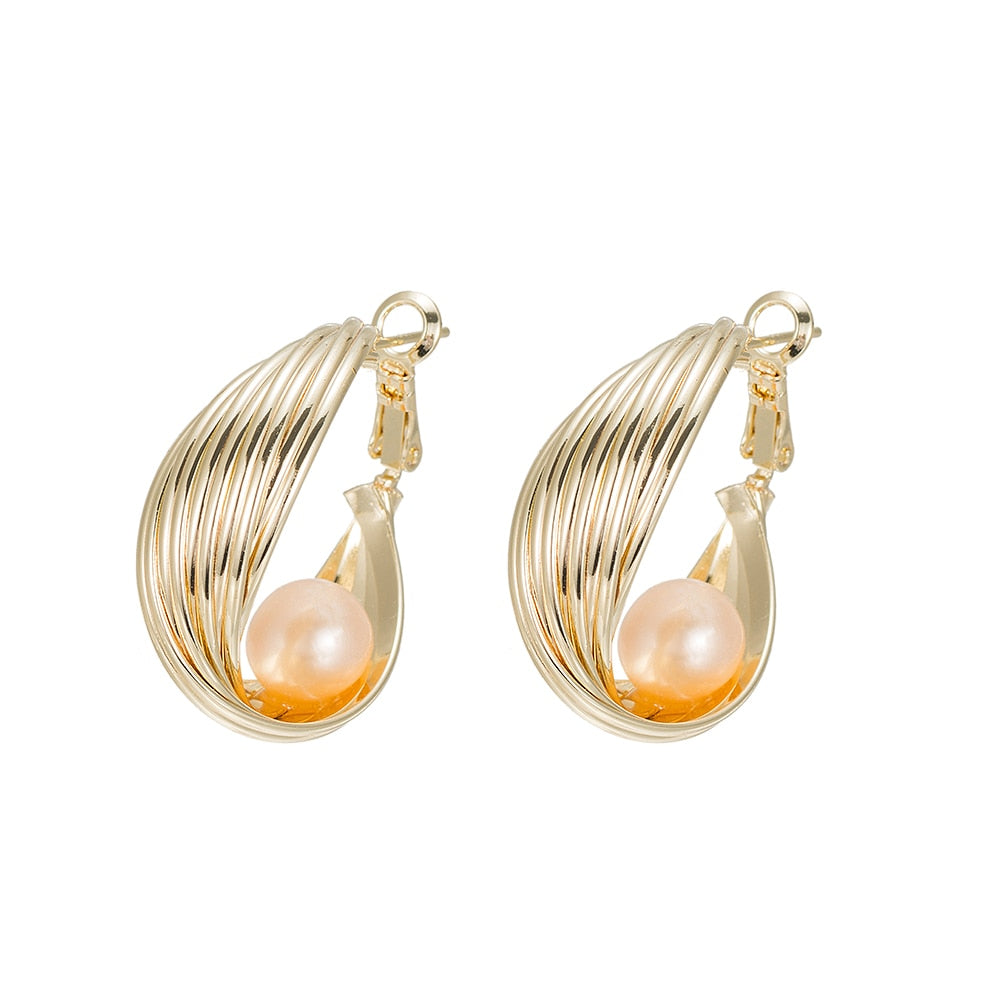 Gold Plated Hoop Earrings with Pearl Stone