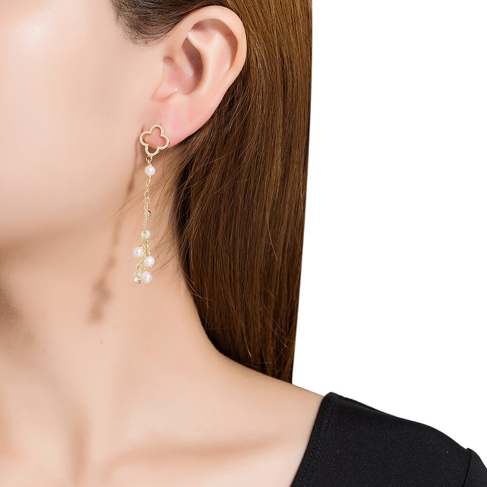 Gold Plated Clover with Drop Pearl and Stars Earrings