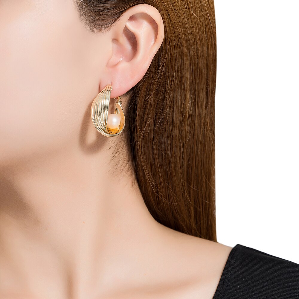 Gold Plated Hoop Earrings with Pearl Stone