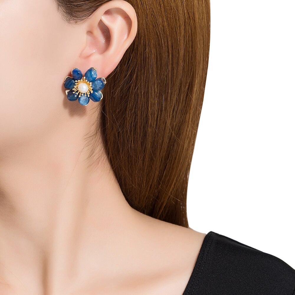 Flower Kyanite and Pearl Stud Earrings