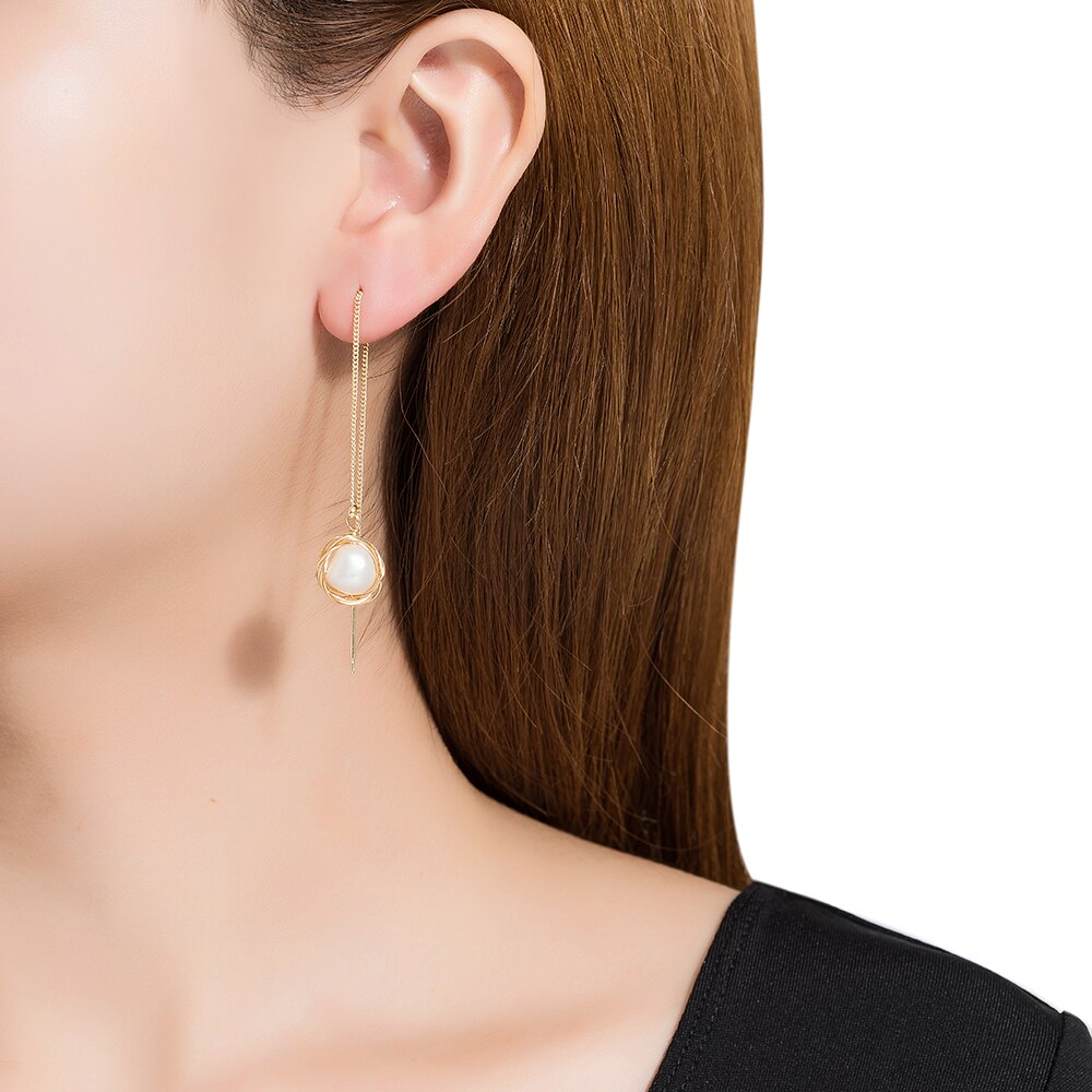 Single Pearl Chain Earrings