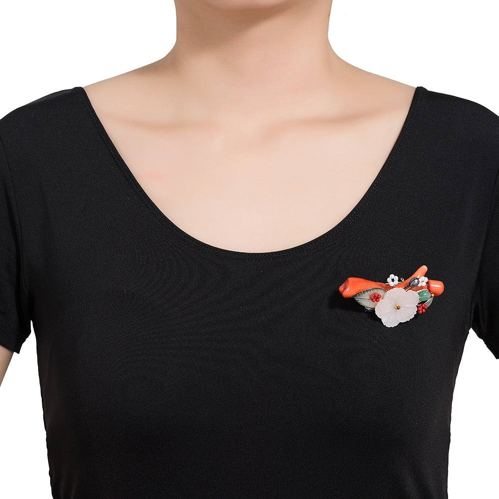Handmade Floral Brooch with Coral