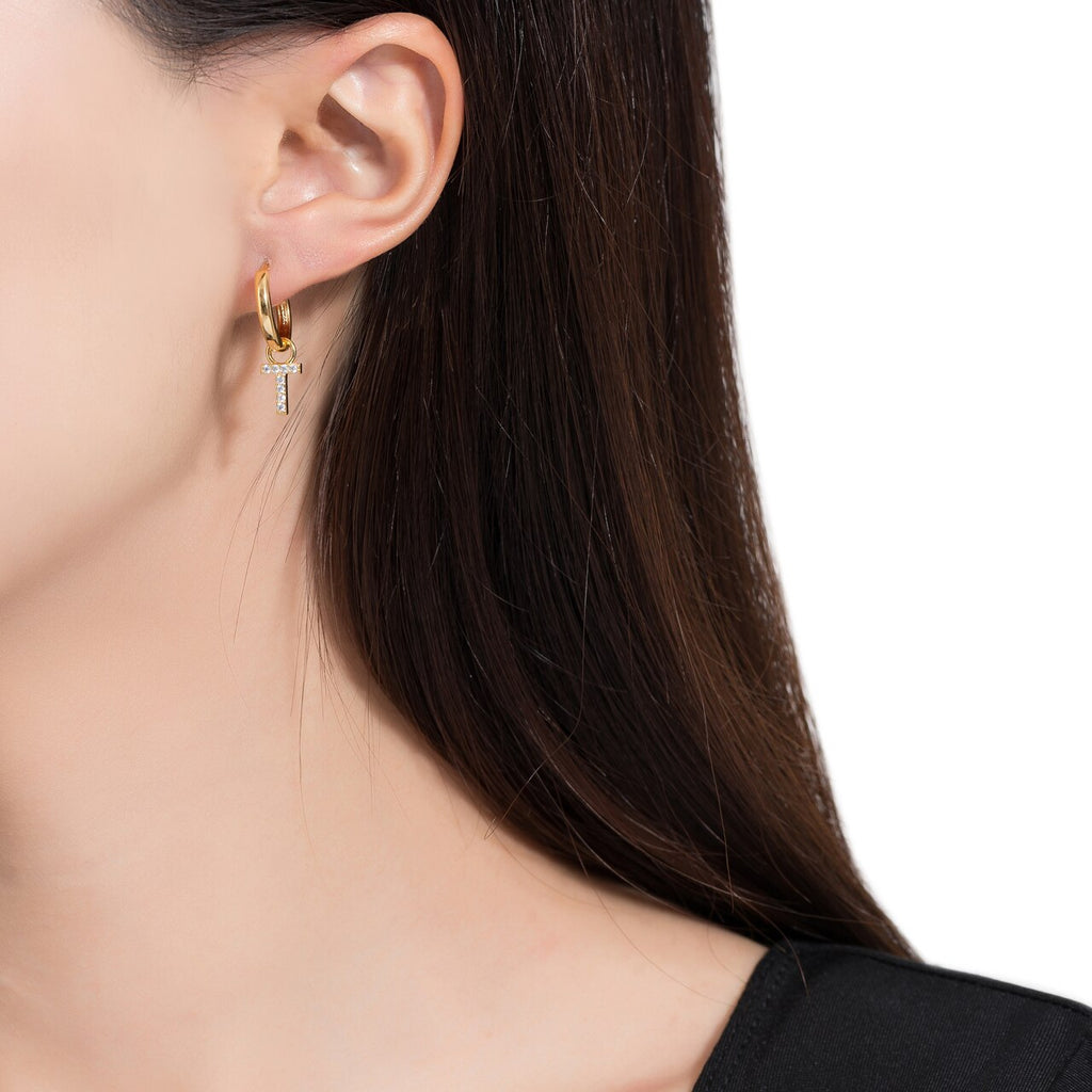 Gold Plated Dangly T Initial CZ Earrings