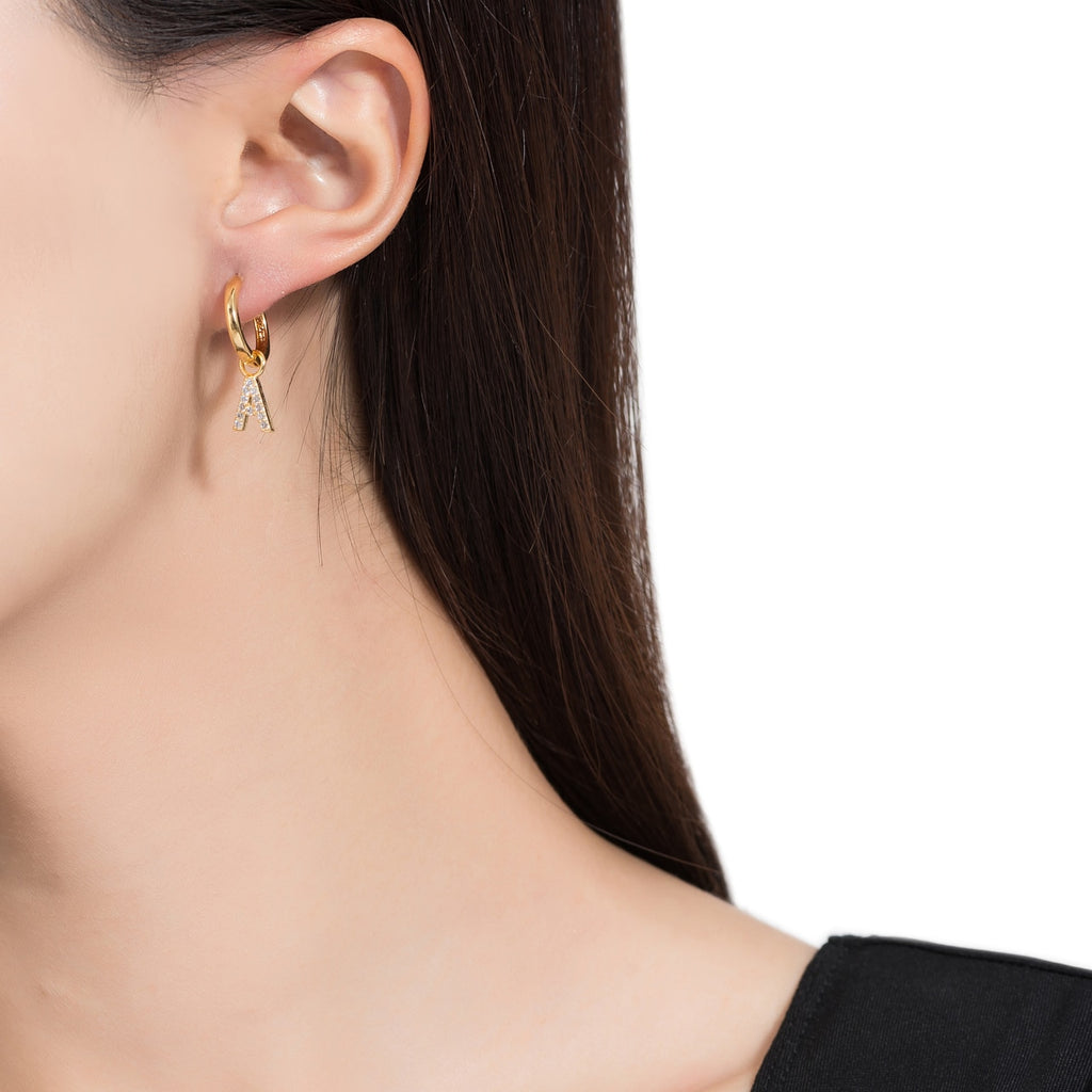 Gold Plated Dangly A Initial CZ Earrings