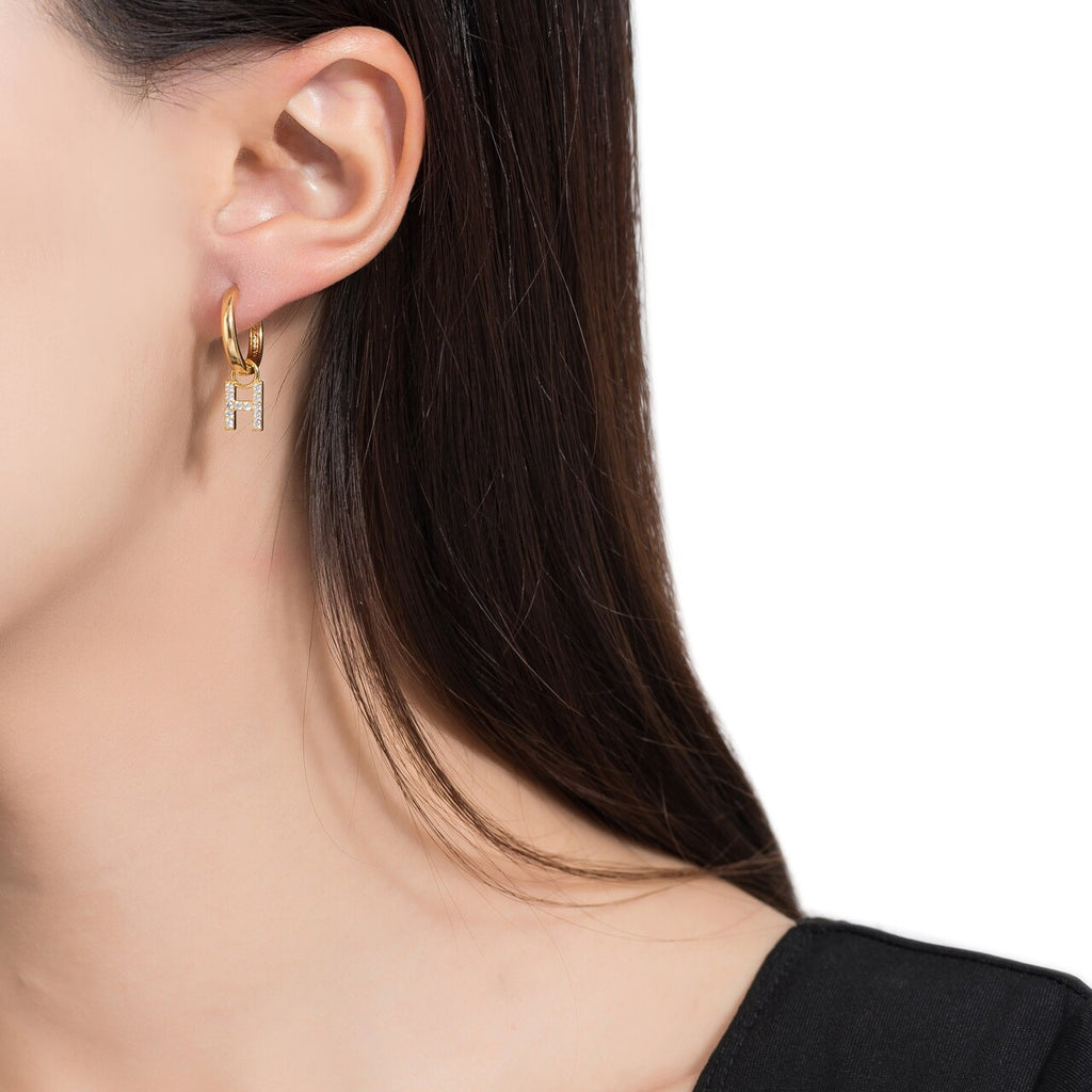 Gold Plated Dangly H Initial CZ Earrings