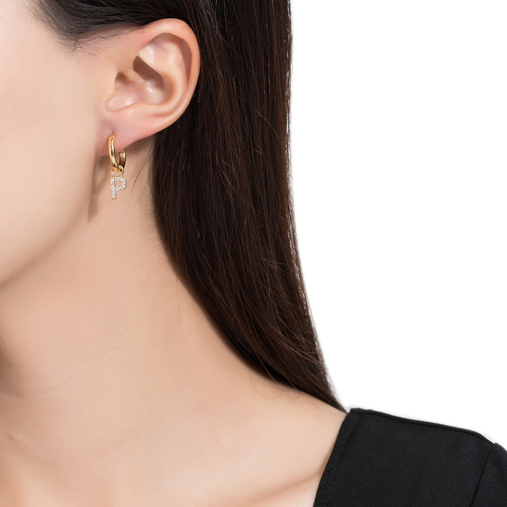 Gold Plated Dangly P Initial CZ Earrings