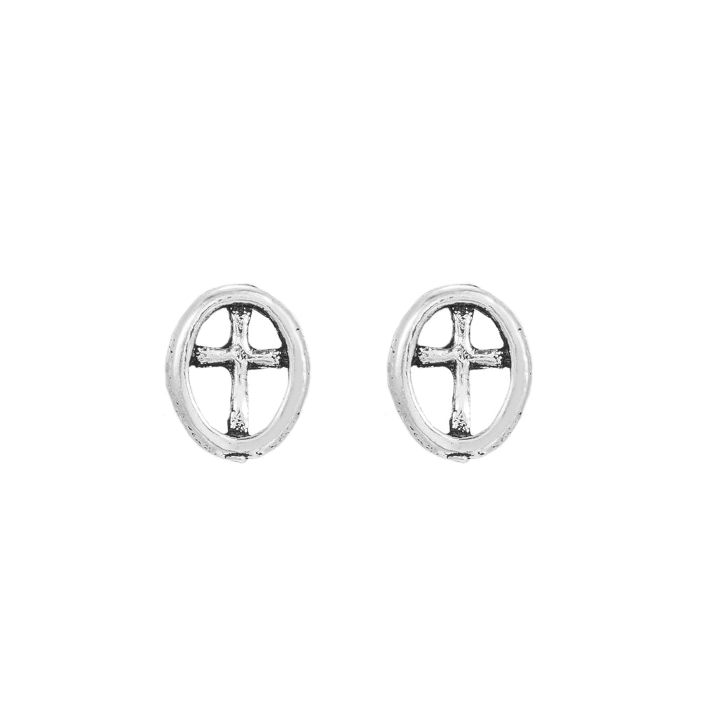 Sterling Silver Cross in Circle Stud Earrings