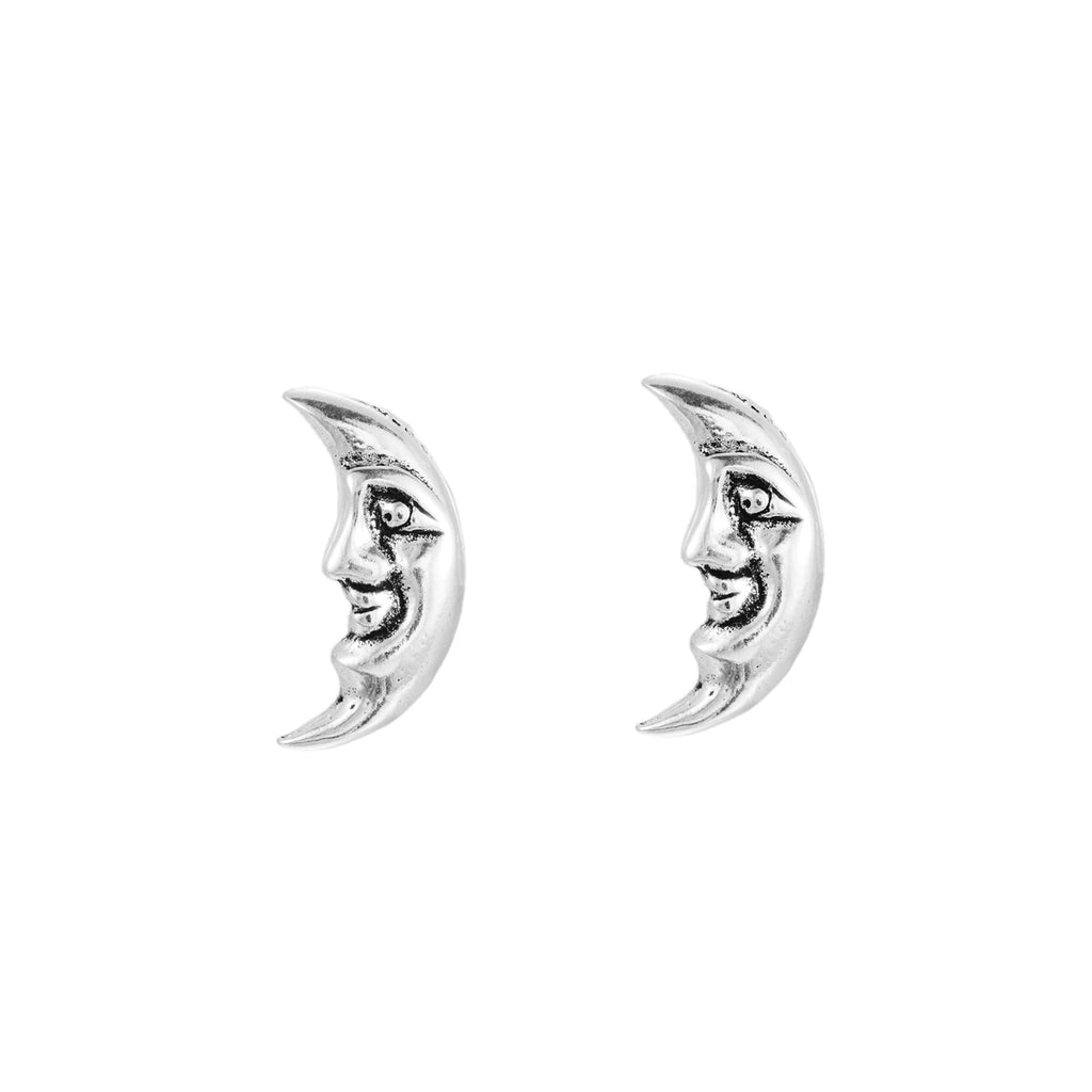 Sterling Silver Moon with Face Stud Earrings