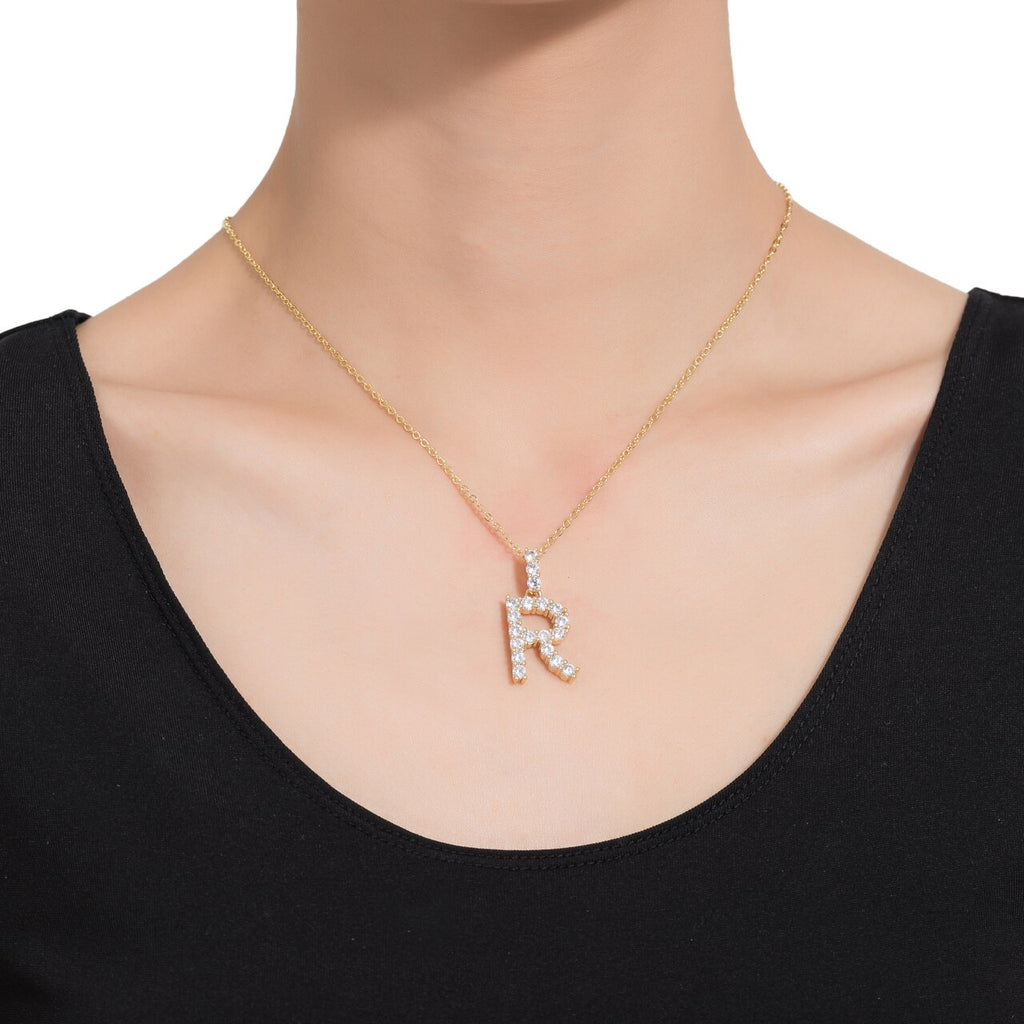 R Initial Gold Plated Necklace with CZ