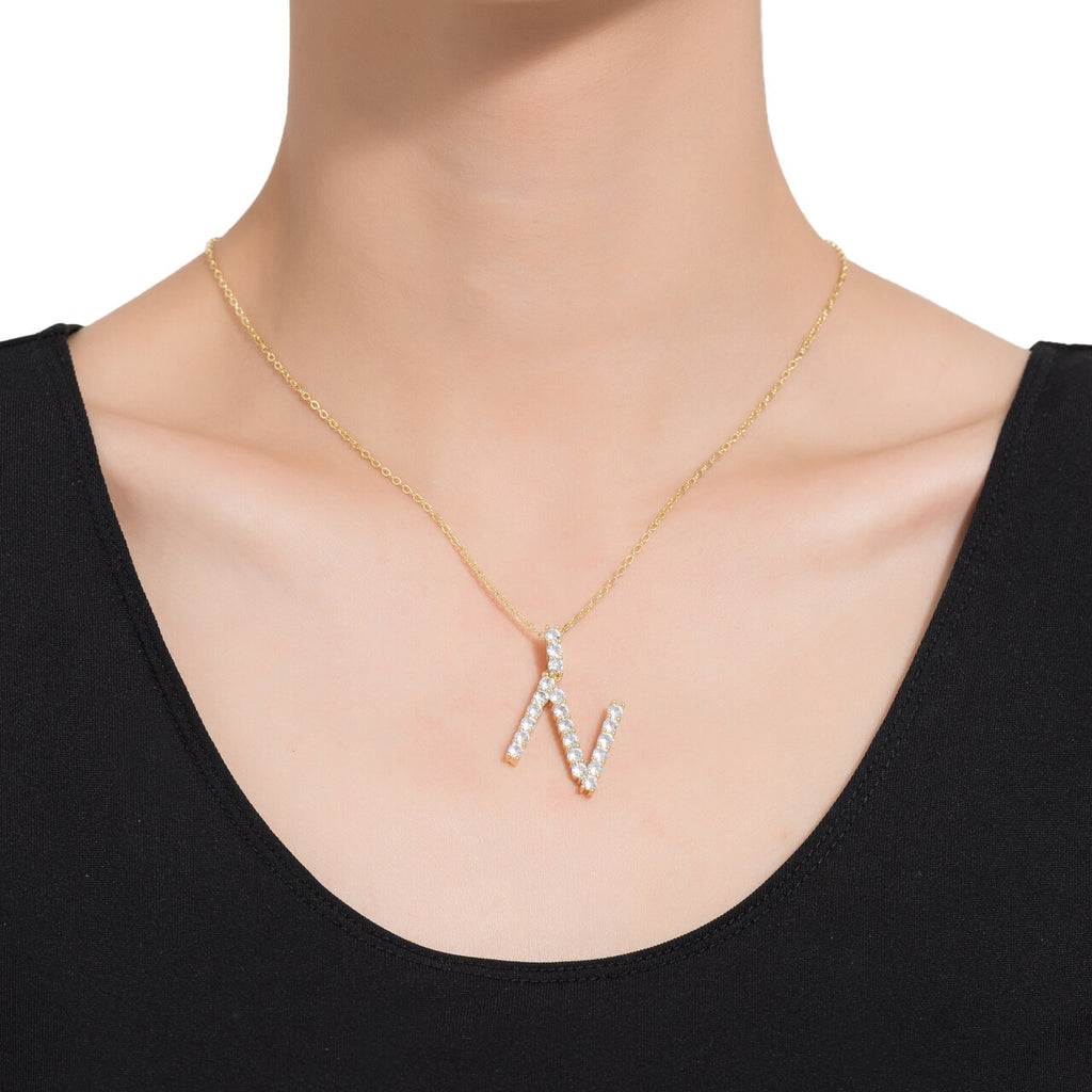 N Initial Gold Plated Necklace with CZ