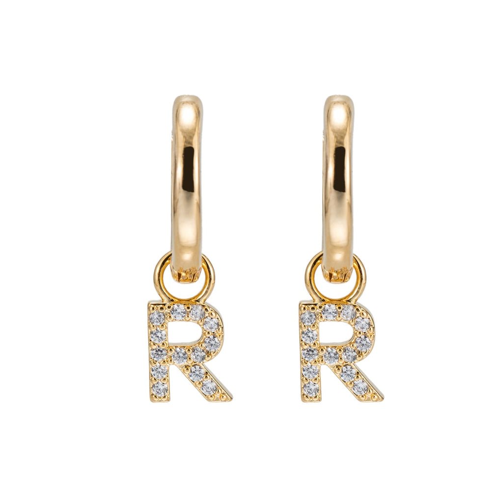 Gold Plated Dangly R Initial CZ Earrings