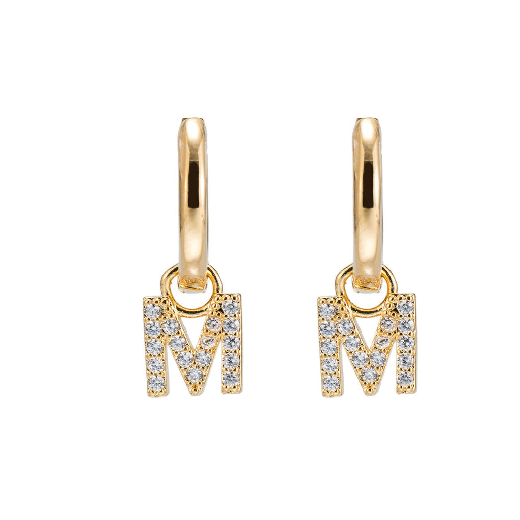Gold Plated Dangly M Initial CZ Earrings