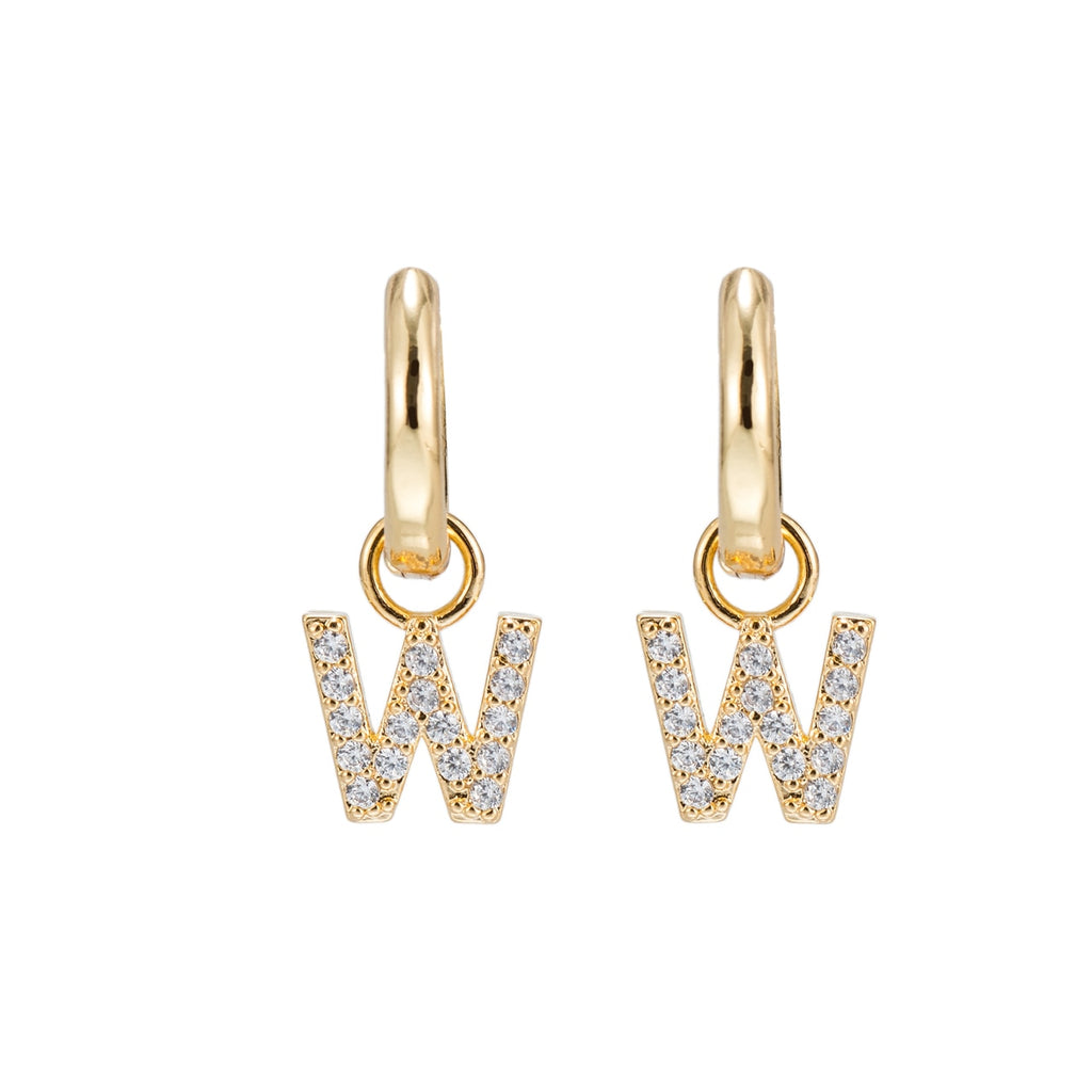 Gold Plated Dangly W Initial CZ Earrings