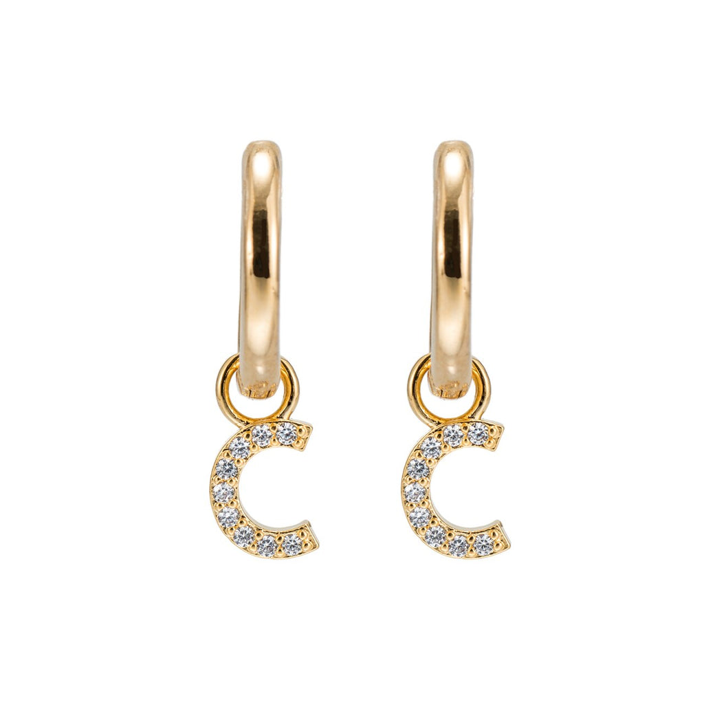 Gold Plated Dangly C Initial CZ Earrings