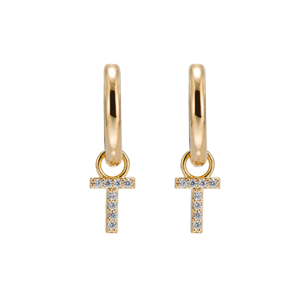 Gold Plated Dangly T Initial CZ Earrings
